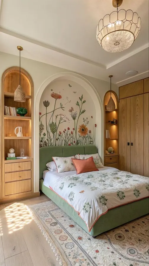 Botanical wallpaper framed in an arched bedroom wall