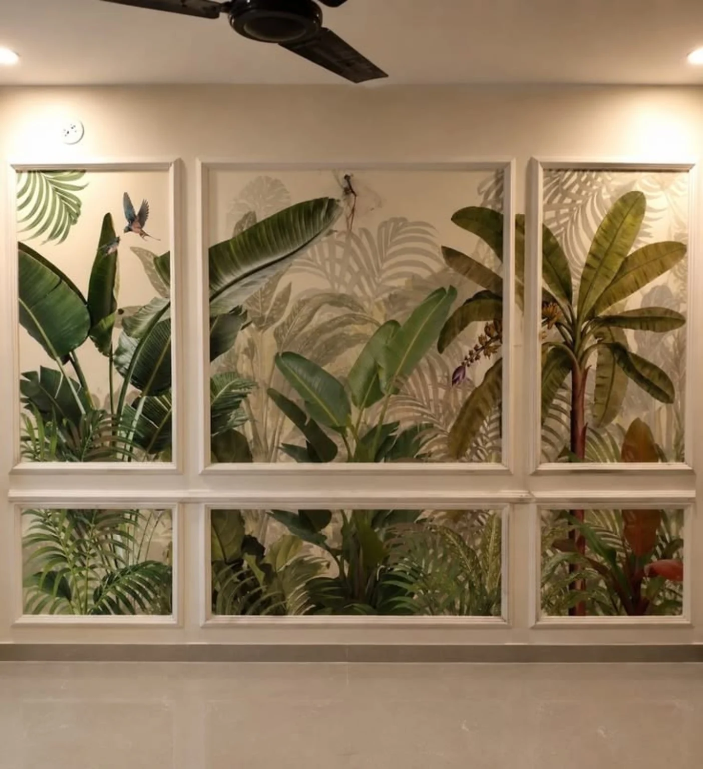Premium botanical mural wallpaper installed in decorative wall panels