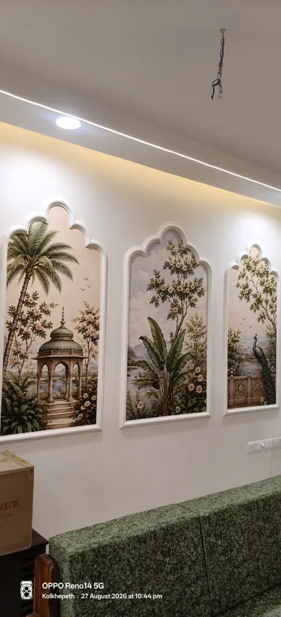 Arched wallpaper panels with heritage botanical motifs