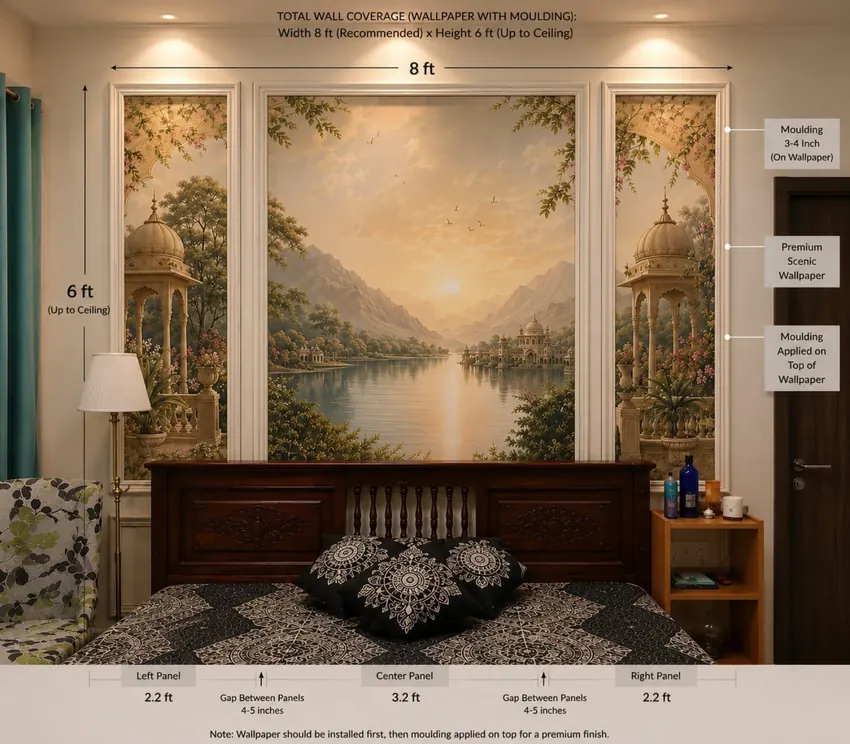 Scenic heritage wallpaper behind bedroom headboard