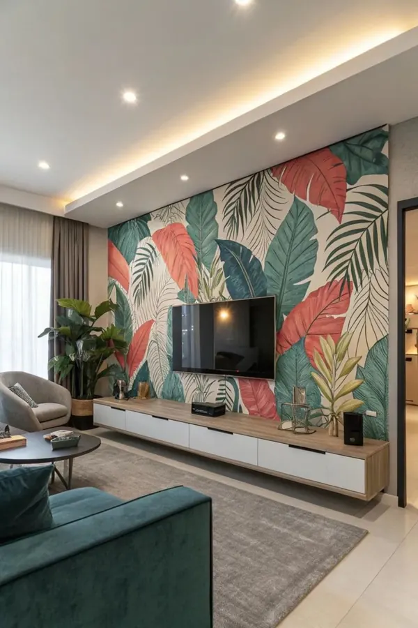 Colorful tropical wallpaper accent wall behind television